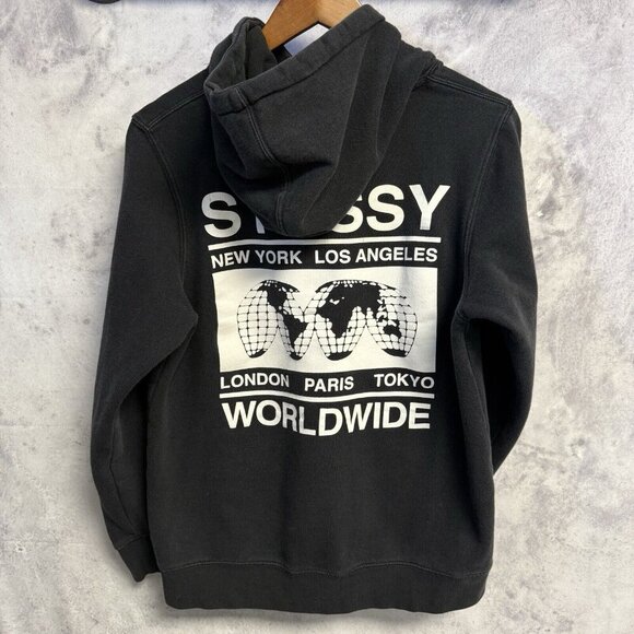 Stussy Hoodie Mens Small Black USA Worldwide Streetwear Skate Sweatshirt - Picture 2 of 9